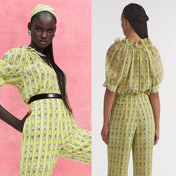 NEW Saloni V-neck Silk Puff Sleeves Josie Top Faience Floral Lime Yellow Sz: 6 - Picture 1 of 7